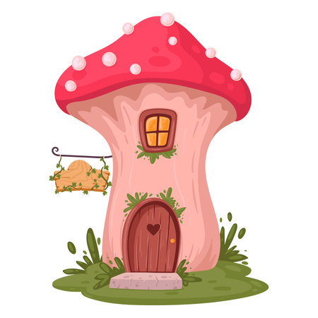 Cartoon fly agaric house. Fairy tale cute amanita cabin flat vector illustration. Fairy forest little mushroom cottageのイラスト素材