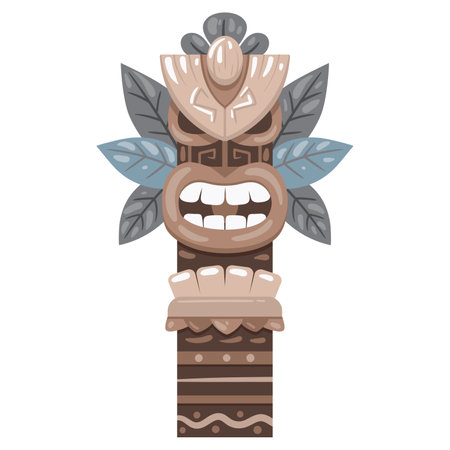 Cartoon ritual tiki totem. Ethnic african or Hawaiian carving statue, traditional aboriginal wooden sculpture. Tribal pole totem flat vector illustrationのイラスト素材