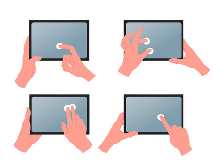 Tablet screen touch gestures. Cartoon hands holding and using digital tablet. Tap, zoom and swipe gestures flat vector illustration set. Hands working with gadgetsのイラスト素材