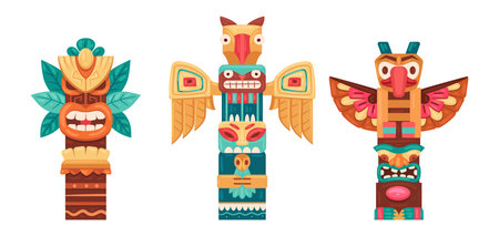 Cartoon ritual wooden statues. Ethnic tiki totems, Hawaiian and african traditional sculptures, Native african or indian figures flat vector illustration set. Aboriginal pole totemsのイラスト素材
