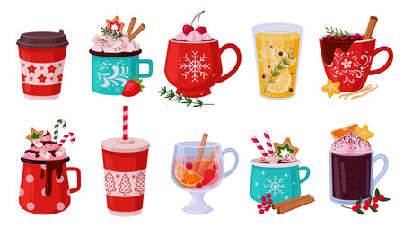 Christmas hot winter drinks. Mugs with cocoa or coffee, hot chocolate with whipped cream and marshmallows flat vector illustration set. Winter holidays cozy drinksのイラスト素材