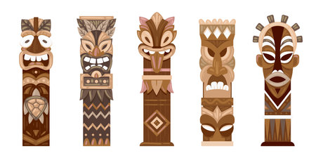 Ritual wooden statues. Cartoon ethnic tiki totems, aboriginal pole totems flat vector illustration set. Hawaiian or African traditional sculpturesのイラスト素材