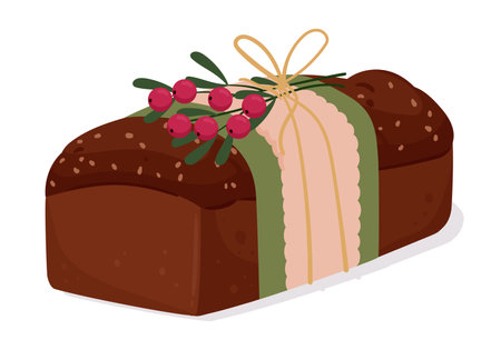 Christmas cake. Cartoon baked banana bread with festive decorations, xmas holiday chocolate pie flat vector illustration. Winter holiday pastryのイラスト素材