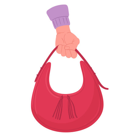 Female hand hold bag. Fashionable leather bag in hand, female palm holding casual baguette bag flat vector illustration. Red leather bag in handのイラスト素材