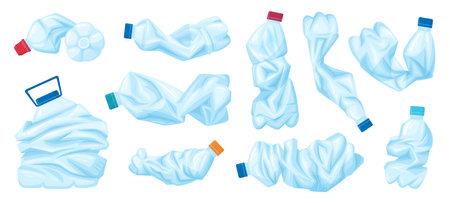 Crushed plastic bottles. Cartoon broken, crumpled empty water bottles, plastic trash bottles for recycling flat vector illustration set. Crumpled plastic containersのイラスト素材