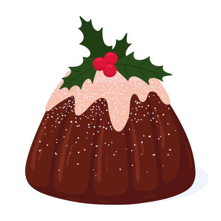 Christmas sweet dessert. Traditional xmas dinner cake with vanilla icing, delicious baking cake. Winter holidays festive meal flat vector illustrationのイラスト素材
