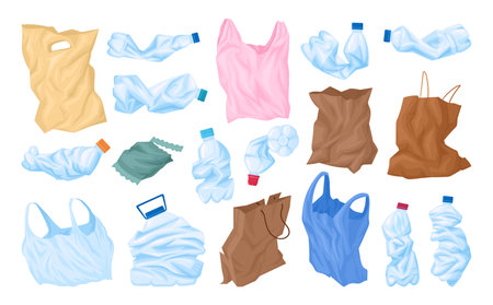Plastic recycling trash. Cartoon crushed plastic bags and bottles for recycling, ecology problem plastic garbage pollution flat vector illustration set. Disposable plastic package collectionのイラスト素材
