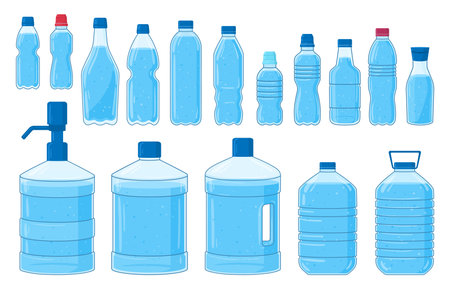 Cartoon plastic bottles. Water plastic containers, empty bottles of various shapes, mineral water flasks flat vector illustration set. Transparent plastic water bottle collectionのイラスト素材