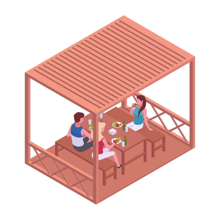 Isometric people sitting in garden gazebo. Man and woman having dinner outside, backyard garden furniture 3d vector illustration. Relaxing characters spending time on backyardのイラスト素材