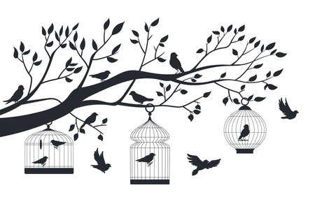 Bird cage on tree. Exotic birds in metal cages silhouettes, decorative birds, finch, budgie and parrot in tree cage flat vector illustration. Bird cage hanging on treeのイラスト素材