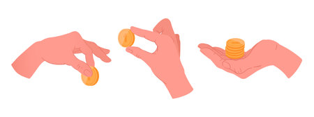 Hands holding gold coins. Cash money in hands, human hand palm with money change flat vector illustration set. Cartoon hands holding coinsのイラスト素材