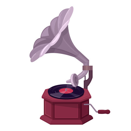 Gramophone player. Vintage gramophone, antique music device for listening music flat vector illustration. Retro gramophone on white backgroundのイラスト素材