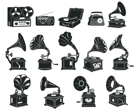 Retro music players silhouettes. Old school audio devices, black ink retro music record audio players flat vector illustrations set. Vintage gramophone silhouette collectionのイラスト素材