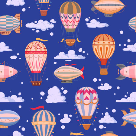 Hot air balloon seamless pattern. Vintage cartoon air balloons, retro aircrafts print flat vector background illustration. Retro air transport endless designのイラスト素材