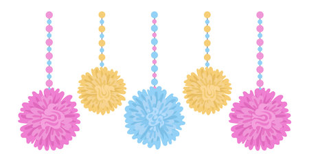 Paper pom poms. Hanging Birthday party or Easter decorations, multicolor paper garlands flat vector illustration. Cute paper party decorのイラスト素材