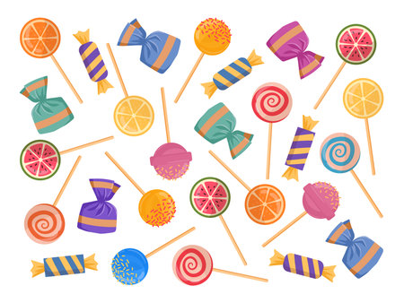 Sweets and candy pattern. Cartoon birthday party backdrop, sweet candies flat vector background illustration. Lollipops backdropのイラスト素材