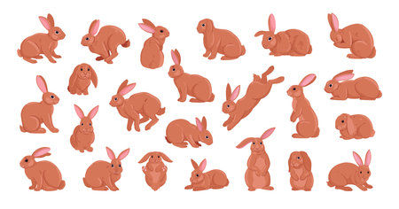 Spring bunnies. Cartoon Easter holiday rabbits, wildlife funny hare animals, ginger fur domestic bunny flat vector illustration set. Cute rabbits collectionのイラスト素材