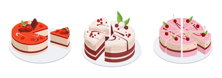 Isometric Birthday party cakes. Cakes with chocolate or vanilla frosting and berries, Birthday baked cakes 3d vector illustration set. Sweet pastry cakesのイラスト素材