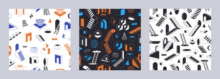 Abstract stairs seamless patterns. Geometric surreal ladders, modern another dimension portals with...
