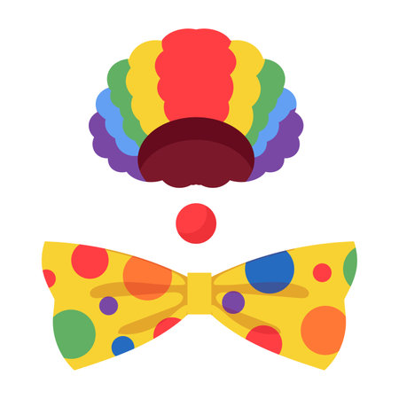 Clown costume elements. Funnyman Birthday party photo booth props, clown wig, nose and bow tie flat vector illustration set. Carnival party clown costumeのイラスト素材