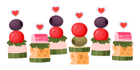 Canape sandwiches. Cartoon delicious open faced sandwich with cheese, vegetable and meat flat vector illustration set. Pleasing small sized canape sandwichesのイラスト素材