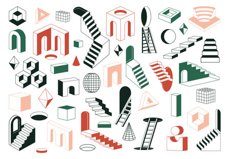Abstract surreal stairs. Geometric monochrome ladders and minimal outline elements flat vector illustration set. Minimal design ladders collectionのイラスト素材