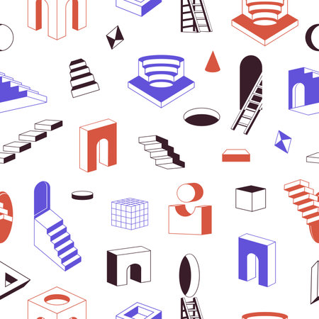 Stairs seamless patterns. Abstract geometric surreal ladders, modern stairs and geometric shapes flat vector background illustration. Surreal ladders endless backdropのイラスト素材