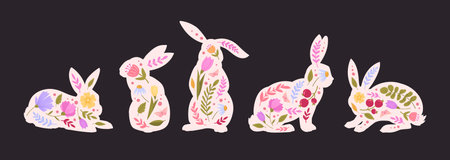 Easter bunnies silhouettes. Cute spring rabbits silhouettes decorated with flowers, easter hare flat vector illustration set. Cartoon rabbits collectionのイラスト素材