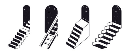 Abstract monochrome stairs. Geometric surreal ladders, minimal ladders with arch portals flat vector illustration set. Outline ladders on whiteのイラスト素材