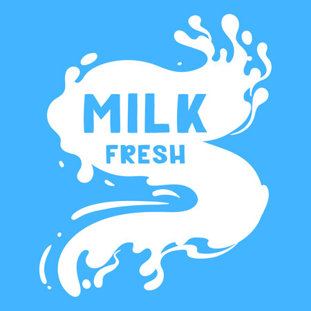 Milky splash logo. Cartoon milk flow logo, cow or goat dairy product splash label with lettering flat vector illustration. Fresh milk flow logoのイラスト素材