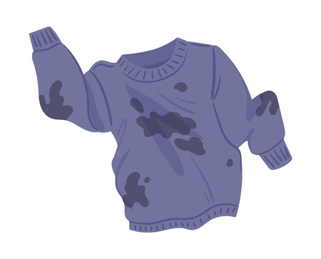 Dirty sweater. Wrinkled stained clothes, laundry apparel flat vector illustration. Stained dirty jumper on white backgroundのイラスト素材