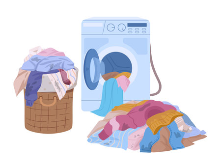Dirty clothes. Washing machine, laundry basket and stack of dirty clothing flat vector illustration. Laundry concept on whiteのイラスト素材