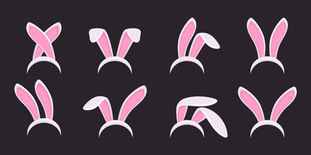 Easter bunny ears. Rabbit ears mask, traditional spring holidays bunnies ears band flat vector illustration set. Easter bunny ears costume elementsのイラスト素材
