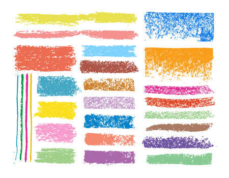 Colorful chalk crayons textures. Children's crayon strokes, pastel colors rough charcoal, child's drawing chalk crayons elements flat vector illustration set. Bright chalk pencil strokesのイラスト素材