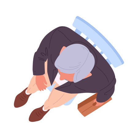 Elder man sitting on chair. Male character view from above, bussines man with with briefcase flat vector illustration. Sitting person top viewのイラスト素材