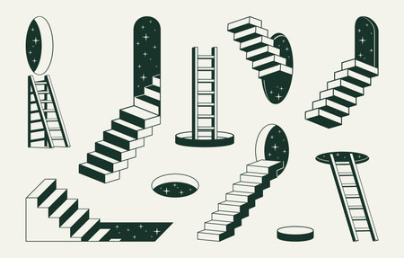 Monochrome surreal stairs. Geometric abstract ladders, minimal design staircases flat vector illustration set. Outline stairway elements collectionのイラスト素材