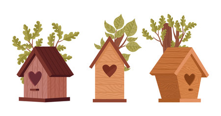 Cute nesting bird houses. Wooden bird houses with heart shaped holes, handcrafted spring birdhouse on trees flat vector illustration set. Cartoon birds nests with feedersのイラスト素材