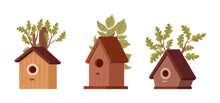 Hand drawn wooden bird house. Bird houses on oak tree, cartoon birds nest with feeder flat vector illustration set. Cute nesting bird house on treesのイラスト素材