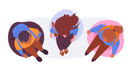 People sitting on chair cushions. Cartoon characters view from above on soft ottomans top view flat vector illustration set. Waiting people top viewのイラスト素材