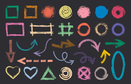 Grunge chalk strokes. Rough charcoal pencil scribble, texture chalk brushes, abstract hand drawn flat vector symbols illustration set. Colorful chalk signsのイラスト素材