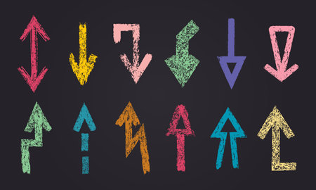 Chalk pointers. Colorful grunge texture chalk pencil arrows, rough abstract indicating shapes flat vector illustration set. Hand drawn charcoal arrowsのイラスト素材