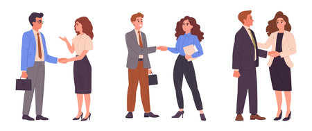 Colleagues shaking hands. Business people handshake, business deal or agreement, men and woman shaking hands flat vector illustration set. Office workers handshakeのイラスト素材