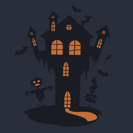 Cartoon house with ghosts. Halloween haunted house silhouette, spooky ghost house flat vector background illustration. Creepy monsters haunted houseのイラスト素材