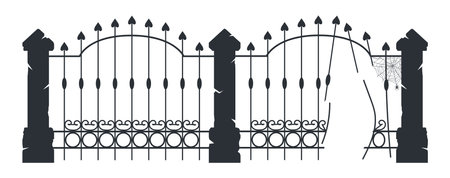 Cemetery gates. Halloween spooky haunted graveyard silhouette, creepy cemetery fence, horror halloween decorations flat vector illustration. Graveyard fence silhouetteのイラスト素材