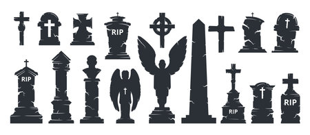 Halloween tombstones silhouettes. Cemetery creepy gravestones, crosses, obelisk and statues, horror halloween grave stones flat cartoon vector illustration set. Cartoon gravestonesのイラスト素材