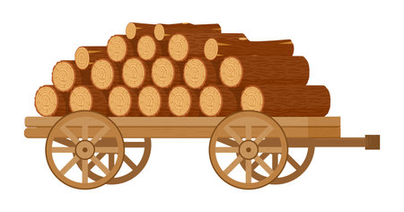 Cart of firewood piles. Cartoon wooden logs and stacked bonfire firewoods in cart, wood industry materials transportation flat vector illustration. Bonfire wooden logs in cartのイラスト素材