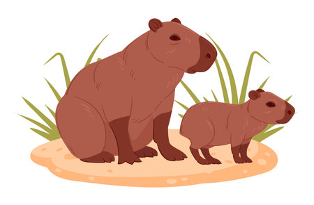 Wild capybara with baby. Cartoon herbivore mammals in natural habitat, capybara mom and cute little baby flat vector illustration. Semi-aquatic animalsのイラスト素材