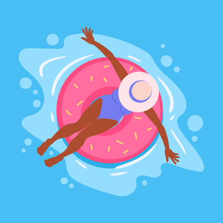 Woman floating on rubber ring. Girl swimming and relaxing on inflatable toy in swimming pool flat vector illustration. Cartoon female character relaxing in poolのイラスト素材