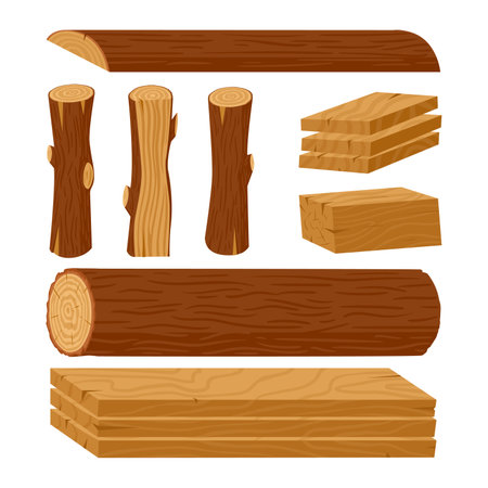 Wooden logs. Cartoon tree trunks, planks, wood industry materials, stacked woodwork planks and firewood vector illustration set. Wood lumber productsのイラスト素材
