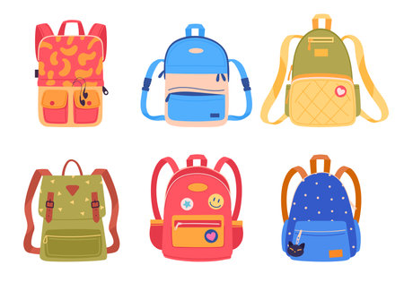 Cartoon school backpacks. Colorful school bags, students backpack for school supplies and notebooks flat vector illustration set. Childish various school bags on whiteのイラスト素材
